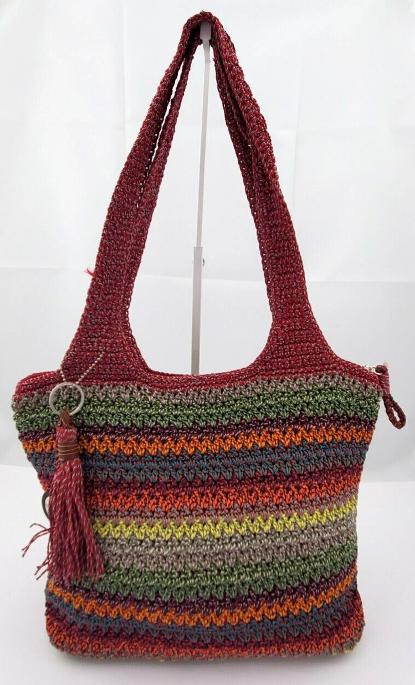 The Sak Cambria Multi Woven Crochet Shoulder Bag Tote Zip Top Tassel Large Used